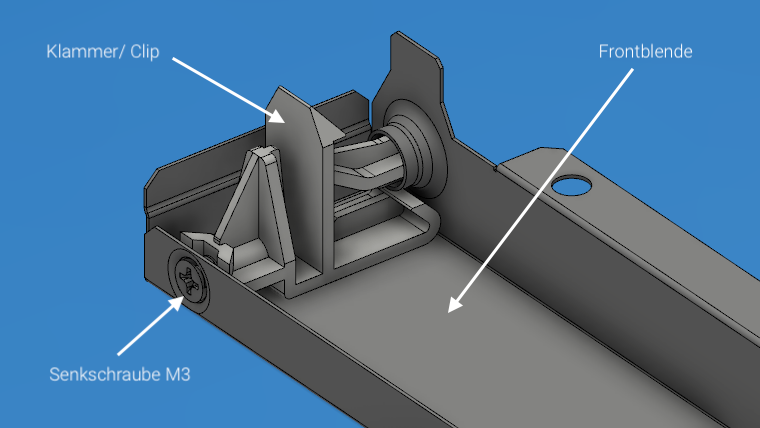 Ansicht der Baugruppe im CAD – Frontblende + Klammer + Senkschraube